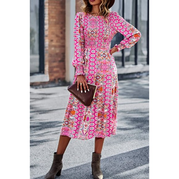 Patchwork Smocked Puff Sleeve Tiered Midi Dress - Picture 4 of 15